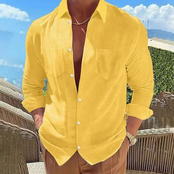 Свободно време Плътен цвят хлабав ризи мъже дълъг ръкав бутон завой-надолу яка случайни риза върховете есен мъжко облекло реколта ризи