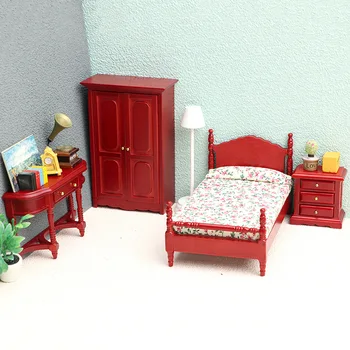 Симулация мебели модел мини дърво легло кабинет таблица комплект спалня миниатюрни сцена декорация 1:12 Аксесоари за къщи за кукли