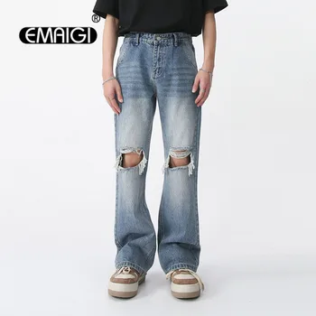 Скъсани дънки за мъже Streetwear мода хип-хоп хлабав случайни реколта коляното дупка деним дънки панталони мъжки дънкови дънки панталони