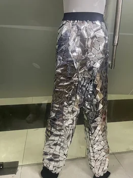 Хип-хоп танцьор сценично изпълнение лъскави панталони бар певец еластичен харем мъжки блясък сребърен лазер огледало ежедневни панталони