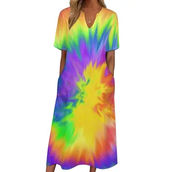 Цветна рокля за боядисване на вратовръзка Rainbow Print Party Maxi рокля V Neck Design Boho Beach дълги рокли естетически извънгабаритни дрехи