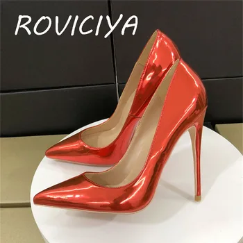 Червени маркови обувки дамска мода заострени пръсти 12см високи токчета изящни обувки дамски парти обувки QP072 ROVICIYA