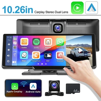 автомобилна стерео безжична CarPlay Android Auto с Dash Cam 10.26inch сензорен екран 2.5K DVR рекордер с двоен обектив WiFi GPS камера за архивиране