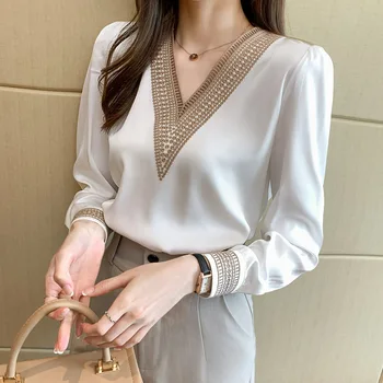 бял елегантен топ жени работа блуза офис износване мода бродерия v-образно деколте дълъг ръкав пуловер риза дама OL стил кариера блуза