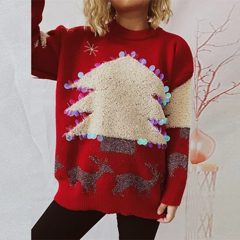 жакард коледно дърво пайети плетене пуловер жени есента кръг врата лосове плетене на една кука отгоре пуловер зимата дълъг ръкав топъл джъмпер