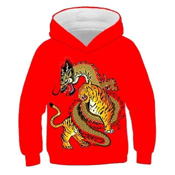 китайски стил дракон и тигър борба дълъг ръкав за деца случайни удобни момичета червен качулка пролет и есен отгоре