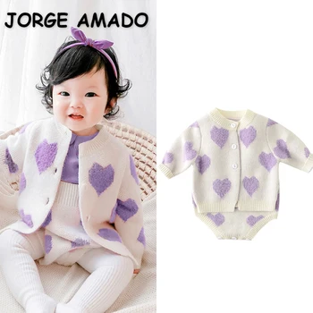 корейски стил есен бебе момиче облекло комплекти дълги ръкави любов сърце пуловер палто + прашка боди дете ежедневни дрехи E0201