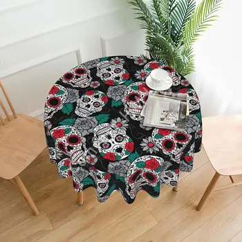 мексикански череп роза покривка кръгла миеща се маса за кухня трапезария пикник парти вътрешен открит покривка за маса 60 инча