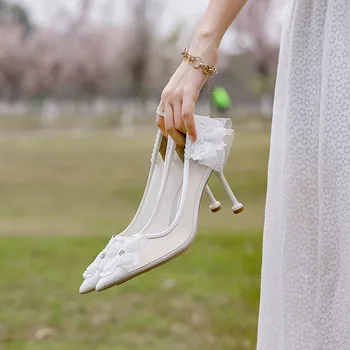 мода Секси жени Помпи Mesh Въздушна мрежа 12CM Тънки високи токчета Заострени пръсти плитки приплъзване Rhinestone обувки Дамски летни обувки
