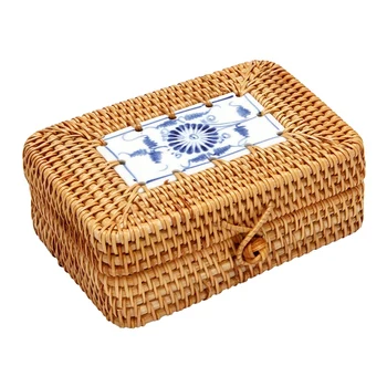 ратан тъкани кутия за съхранение с капак ръчно изработени бижута кутии грим организатор дървени за Sundries чай случай контейнери подарък