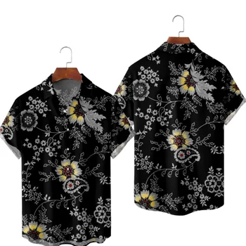 флорални печатни черни летни риза с къс ръкав плажни шорти ежедневни мъжки блузи улично облекло празнично парти облекло
